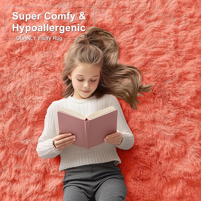 OLANLY Area Rugs for Living Room Bedroom, Machine Washable 4x5.9 ft Soft Fluffy Shaggy Bedside Rug, Indoor Floor Carpet for Kids Girls and Boys, Dorms, Nursery Rooms, Home Decor Aesthetic, Coral Red