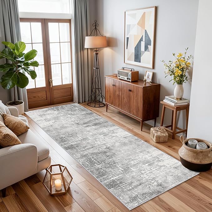 HY HAOYUNLAI Abstract 2x8 Runner: Washable Non-Slip 8ft Hallway Carpet Stain-Resistant Laundry Room Kitchen Area Rug Throw Entryway Foyer Mat Soft Living Room Bedroom Beside Runner Rug(2x8,Light/Grey)