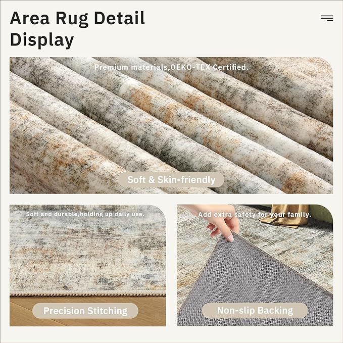 9x12 Area Rugs for Living Room, Non-Slip Machine Washable Vintage Rugs, Abstract Low Pile Lightweight Large Rug for Bedroom, Dining Room, Home Office Orange
