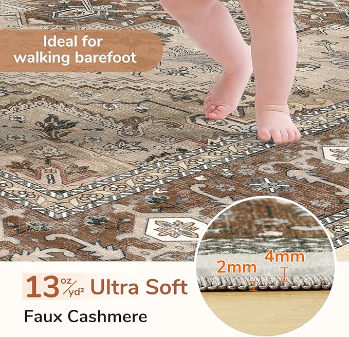 OPPODREAM Soft Area Rugs 4x6, Low-Pile Washable Rugs 4x6 with Non Slip Backing, Faux Cashmere 4 x 6 Throw Carpet, Brown