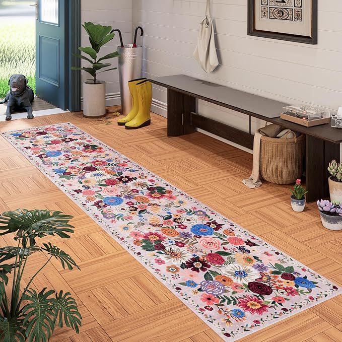 Pink/Beige Floral Hallway Runner Carpet Non-Slip, 2x10 Washable Rug Ultra-Thin Soft for Hallways, Kitchen Mat Stain Resistant for Entryway Bathroom (2 x 10, Beige/Pink Garden)