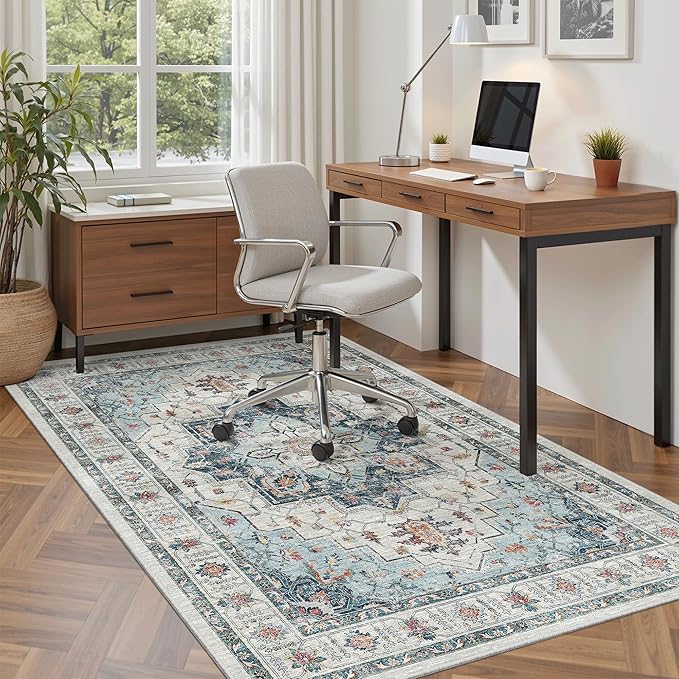 Madane Area Rug 3x5, Entryway Washable Vintage Runners Bedroom Non Slip Indoor Kitchen Runner for Living Room Laundry Room Playroom Soft Non-Slip Area Rugs, Blue