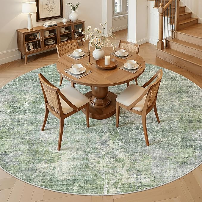 9x9 Green/Ivory Round Rug 9ft Living Room Circle Rug Vintage Round Area Rug Non Slip Indoor Carpet for Apartment