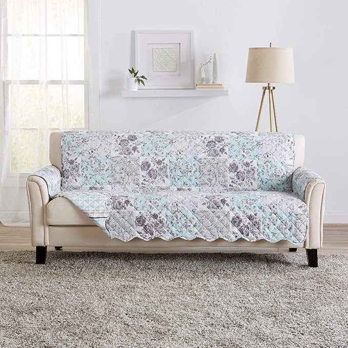 Great Bay Home Reversible Floral Patchwork Sofa Furniture Protector - Machine Washable, Scalloped Edge, Stain Resistant, Printed Furniture Cover for Dogs, Kids, and Pets (Gray/Aqua)
