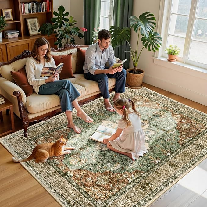 RELEANY Area Rugs 6'x9' Washable Non-Slip, Floral Vintage Distress Print Pattern Medallion Carpet for Living Room Bedroom Dining Room, Brick Red Rust Neutral Brown Burnt Orange Green