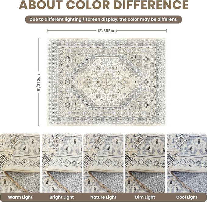 zesthome 9x12 Area Rugs,Stain Resistant Washable Rug,Ultra-Thin Rugs for Living Room,Bedroom,Non-Slip Backing Home Decor Large Area Rug (Beige,9'x12')