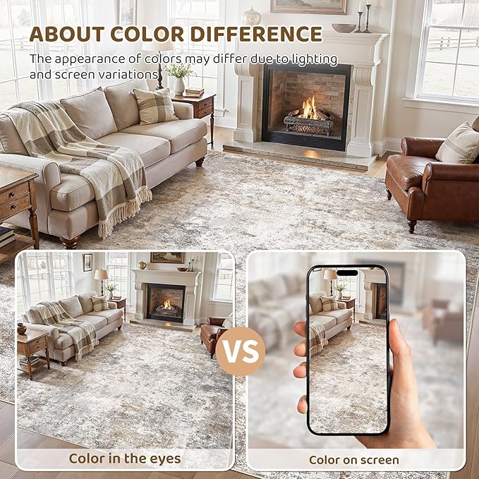 UERMEI 10x12 Area Rug Living Room Rugs - Washable Neutral Modern Abstract Soft Thin Large Rug Indoor Floor No Slip Rug Carpet for Bedroom Under Dining Table Home Office Decor - Brown Grey