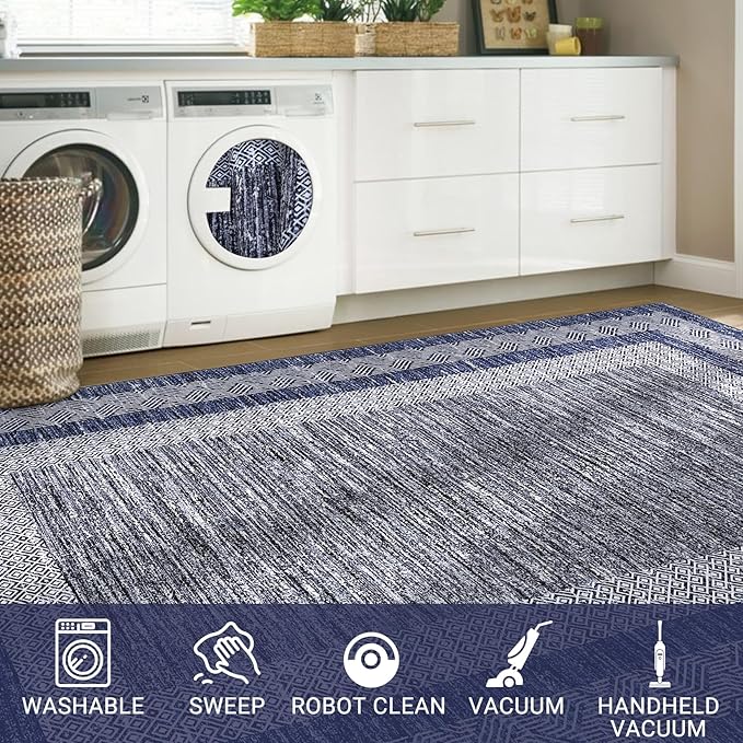 GarveeHome Small Bedroom Area Rug 3x5 Bordered Area Rug for Living Room Nursery Non Slip Kitchen Throw Carpet Low Pile Modern Rugs Washable Bathroom Mat Soft Blue Rugs for Laundry Entryway