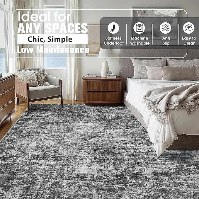 10x14 Area Rugs for Living Room Rug Washable: Abstract Large Rug Indoor Modern Carpet Non Slip for Dining Room Bedroom Nursery Home Office Black Grey
