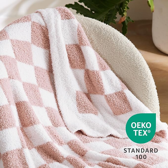 Bedsure GentleSoft Pink Checkered Throw Blanket for Couch - Soft Cozy Fluffy Blanket, Lightweight Warm Knit All Season Plaid Blankets for Bed Sofa, Birthday, for Women, 50x60 Inches