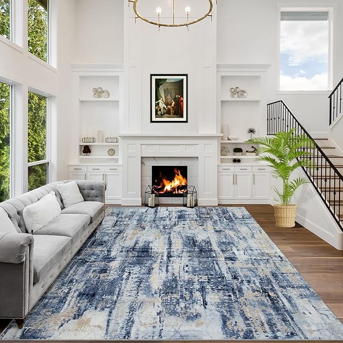 5x7 Area Rugs Washable Rug: Modern Abstract Living Room Rug Soft Anti-Skid Thin Carpet Indoor Floor Non-Shedding Carpets for Bedroom Dining Room Farmhouse Nursery Home Office - Blue Gold