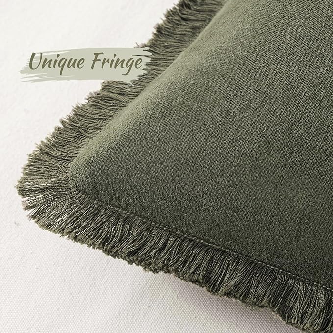 MIULEE Decorative Lumbar Throw Pillow Covers Neutral Linen Fringe Throw Pillows Set of 2 Olive Green Boho Farmhouse Cushion Covers for Couch Sofa Bed Living Room Spring Home Decor 12x20 Inch