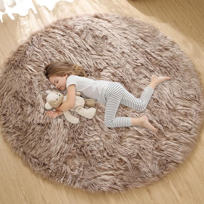 ORINOVA Beige 3ft Round Fluffy Shaggy Rug Washable Soft Area Rug for Living Room Bedroom Cute Room Decor Circle Nursery Rug Faux Fur Carpet