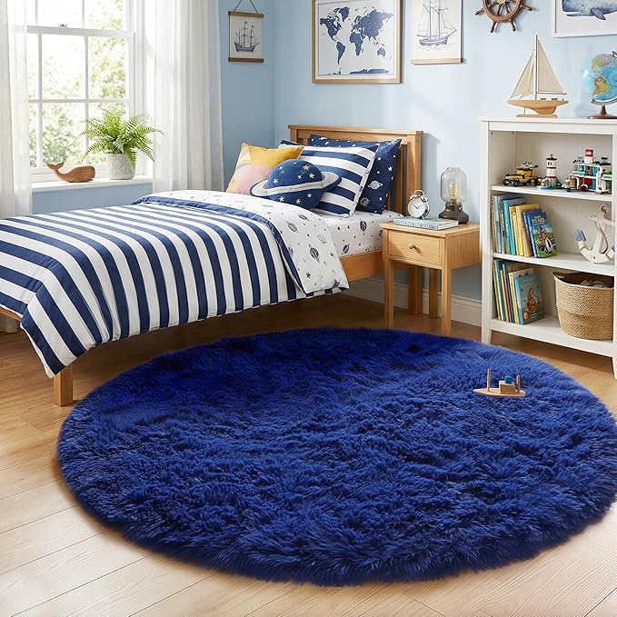Amdrebio Navy Blue Round Rug 4Ft for Boys Room Bedroom, Circle Area Rugs for Kids Room, Living Room Decor Aesthetic, Fluffy Shag Fur Throw Royal Dark Blue Carpet for Preppy Dorm Playroom Baby Nursery