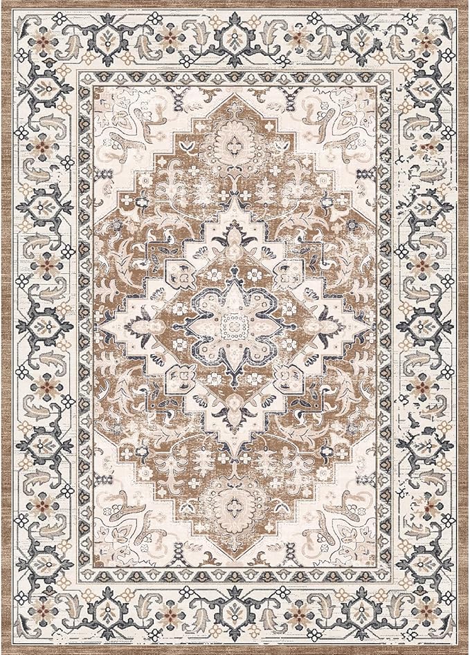 Lofus 5x7 Area Rugs for Living Room, Washable Area Rug, Rugs for Bedroom, Kitchen, Vintage Boho Carpet, Soft Non-Slip, Low Pile Large Area Rug for Office Dining Room, Floral Brown
