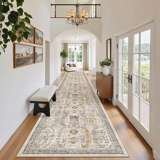 Madane Hallway Runner Rug 2'6''x16' Kitchen Runner - Non Slip Vintage Runners for Hallways Washable Kitchen Rugs Soft Low Pile 2.5x16 ft Rug Runner for Laundry Room, Entryway and Bedroom, Brown/Gold