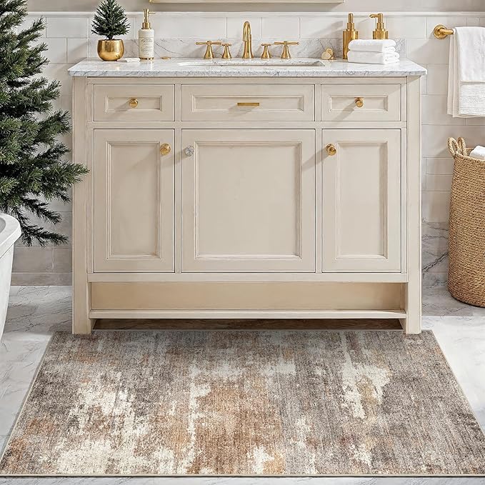 3x4 Washable Entryway Area Rug: Modern Abstract Small Runner Rug for Hallway Soft Non Slip Door Mat with Rubber Backing Low Pile Thin Floor Carpet for Kitchen Bathroom Bedroom Indoor 3x4 Brown/Brick