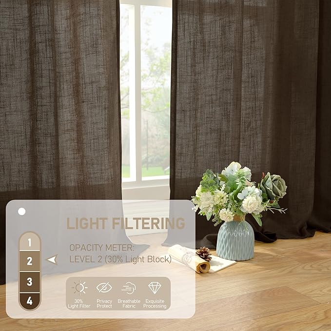 LAMIT Linen Curtains 63 Inch Length 2 Panels, Light Filtering Panels Back Tab and Rod Pocket Neutral Drapes for Bedroom/Window/Living Room, Dark Brown, 34 x 63 Inch