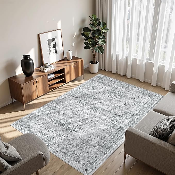 3x5 Washable Area Rug for Entryway, Soft Kitchen Rugs Non Slip for Dining Room, Vintage Abstract Living Room Rug, Thin Area Rugs Indoor for Bedroom, Kids Room Decor(3'x5', Grey/Ivory)