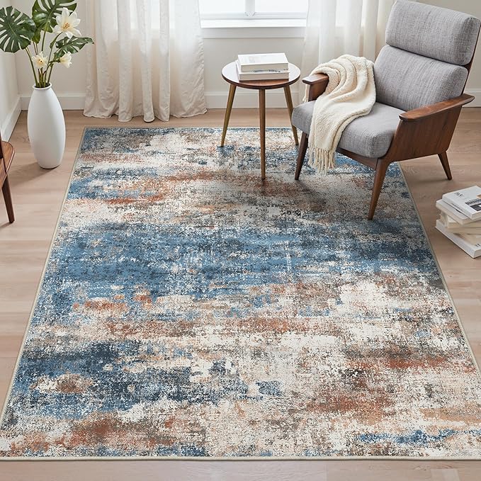 Area Rugs 6x9 for Living Room Bedroom, Modern Abstract Machine Washable Rug, Large Soft Low Pile Floor Carpet with Non Slip Backing for Dining Room, Blue/Brick