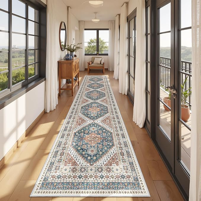 Carpet Runners for Hallway 12ft, Non-Slip Long Bathroom Rugs Runner for Kitchen, Living Room, Soft Vintage Washable Rug for Entryway, Thin Floor Mat for Dining Room(Blue/Red,2.5'x12')