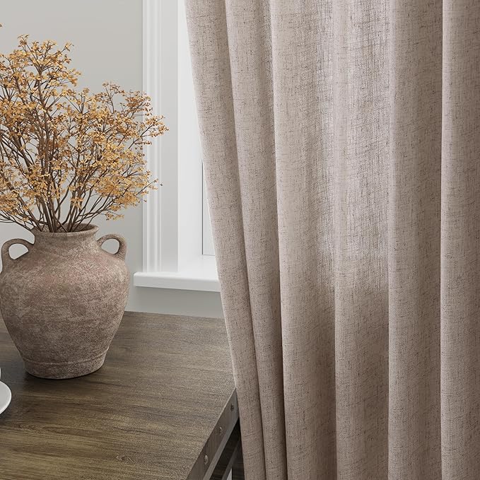 Brownish Grey Linen Curtains 96 Inches Long for Living Room Back Tab Vintage Rustic Farmhouse Light Filtering Curtain Burlap Textured Linen Drapes 96 Inch Length for Dinning Room Bedroom 52x96 8 FT