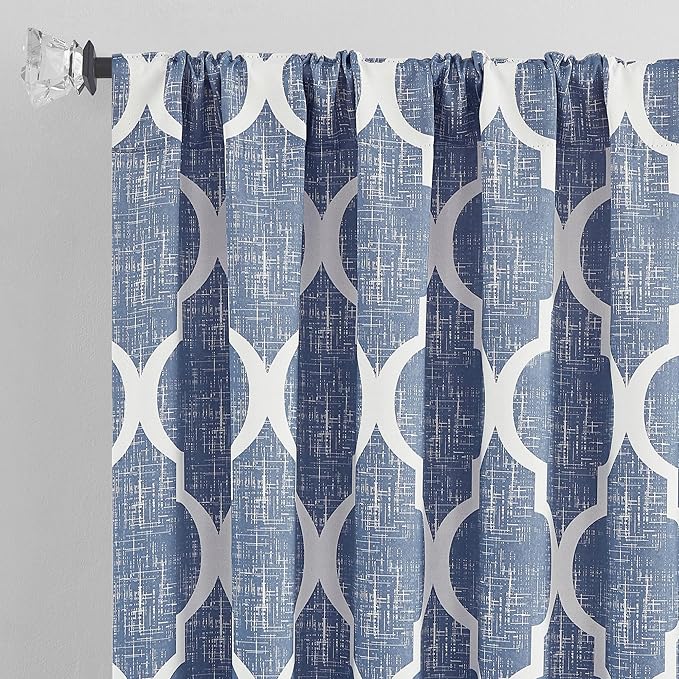 Beauoop 100% Blackout Curtains 96 Inches Long 2 Panels for Bedroom Living Room Blue Moroccan Geo Room Darkening Thermal Insulated Soundproof Rod Pocket Back Tab Window Treatments Drapes, 50x96