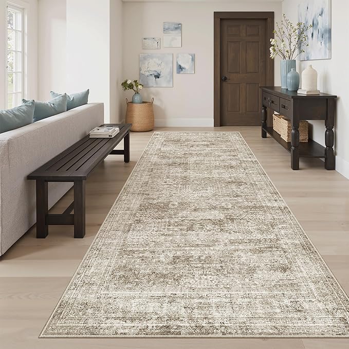 Hallway Runner Rug 4x8 Wide: Washable Thin Runners for Hallways Entry, Non Slip Soft Vintage Kitchen Area Rugs for Living Room Bedroom Dining Room Foyer (Brown, 4x8)
