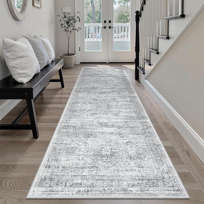 Washable Runner Rug, 2'6" x 8' Non-Slip Kitchen Vintage Foldable Hallway Runners for Entryway, Laundry, Bedroom, Grey