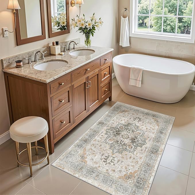 Madane Washable Area Rug 2x3, Small Entryway Rug Non-Slip Vintage Door Mat Indoor Entrance, Low Pile Floor Carpet for Inside Front Door Bedroom Kitchen Entry Laundry (2'x3', Light Taupe Brown)