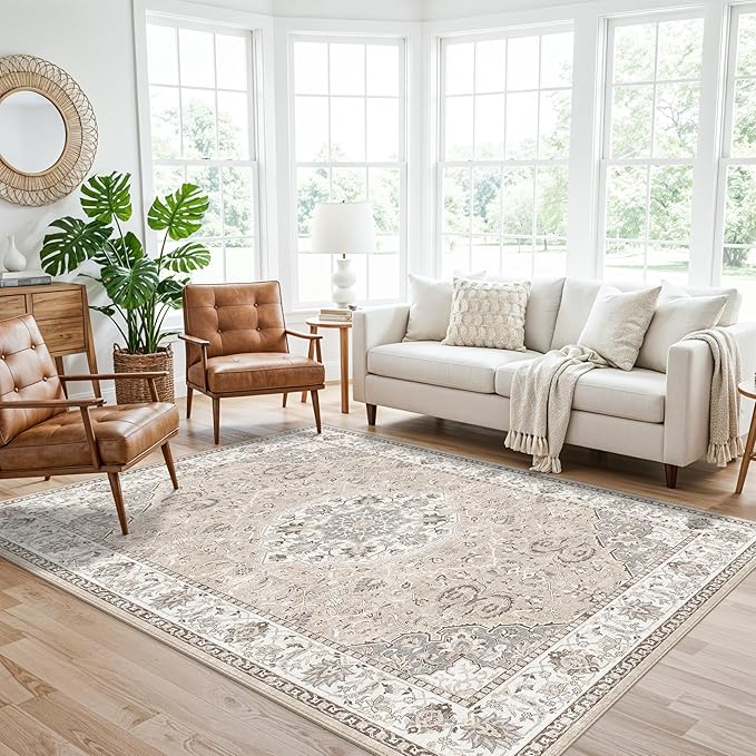 Washable 5x8 Living Room Area Rug: Vintage Water-Resistant Soft Rug for Bedroom Dining Room Non Slip Apartment Low Pile Carpet Thin Floor Mat for Dorm Home Office Printed Beside Rug(5x8，Beige)