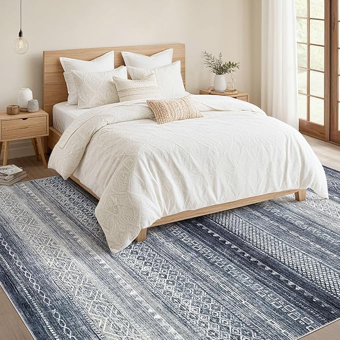 Nakagishi 10x12 Area Rug Living Room: Washable Boho Large Neutral Modern Soft Stain Resistant Farmhouse Indoor Floor Rug Non-Slip Accent Carpet for Bedroom Nursery Kids Playroom Office- Blue