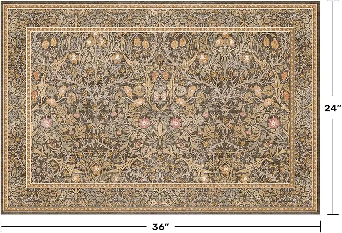 Brown Washable Entry Rug - Front Door Throw Rugs Indoor, Non-Slip Bathroom Small Rugs, Vintage Floral Thin Rug for Kitchen, Boho Earthy Entryway Décor (2x3 Gold Brown)