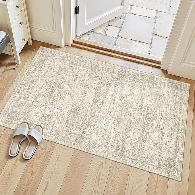 3x4 Rug, Small Area Rug for Kitchen, Entryway, Machine Washable Non-Slip Throw Rug, Vintage Carpet for Nursery Coffee Table Beige