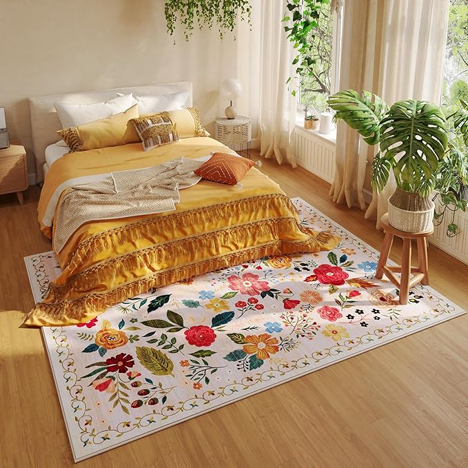 Rugcomf Living Room Rug 5x7 Rug Machine Washable Boho Area Rug Non Slip Floral Vintage Low Pile Large Rugs for Living Room, Bedroom, Farmhouse, Dining Room, Kids Playroom(Beige)