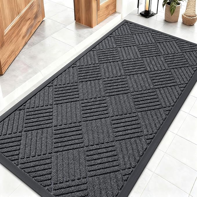 OLANLY Front Door Mat Outside Entrance 47x23, Absorbent, Heavy Duty Sturdy Natural Rubber Doormat Indoor Outdoor, Stain Fade Resistant, Non-Slip Low Profile Floor Mat for Entryway, Black Gray Diamond