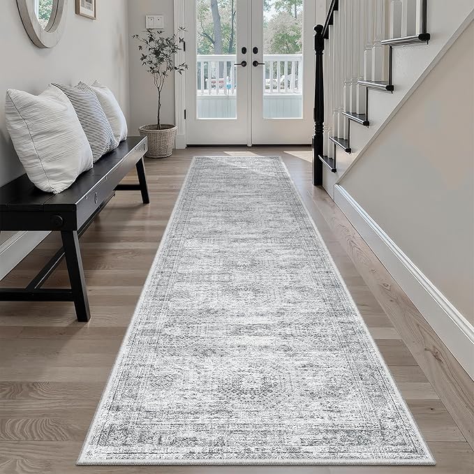 Runner Rug 2'x8' Washable Non-Slip Runner Rugs for Kitchen Bathroom Laundry Room Grey Vintage Floor Carpet Runners for Hallway Entryway