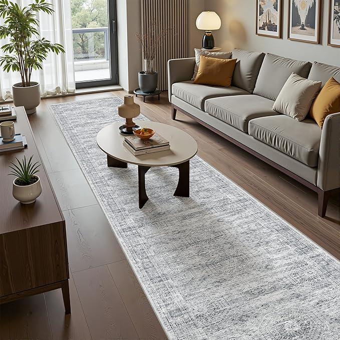 Long Hallway Runner Rug- Carpet Runners for Hallway 12ft, Anti Slip Backing Washable Rug Runner for Bathroom, Entrance, Living Room, Soft Low Pile Modern Rug Runner(2'x12', Grey/Ivory)