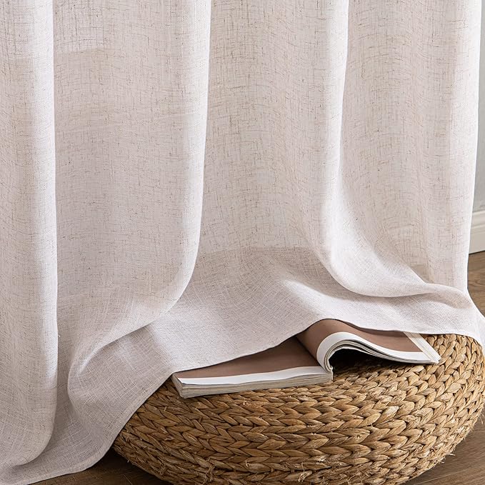 MIULEE Natural White Short Linen Curtains 45 Inch Length 2 Panels for Kitchen Bedroom Bathroom, Soft Thick Linen Textured Basement Window Drapes Semi Sheer Light Filtering Back Tab Rod Pocket