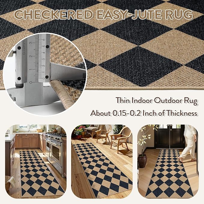 Lahome Colette Checkered Easy Jute Runner Rug, 2x8 Hallway Kitchen Runner Rug Non Slip Washable Outdoor Carpet for Entryway Indoor, Checkerboard Black Indoor Outdoor Carpet for Hallway 8ft Entry