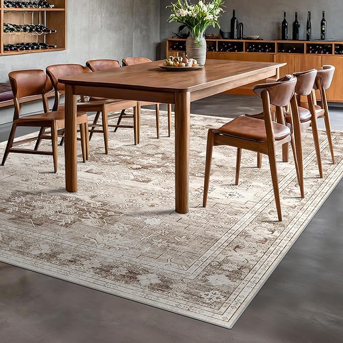 Washable Farmhouse Living Room Rug, 9x12 Area Rugs for Bedroom, Dining Room Under Table Carpet, Kids Room, Large Boho Vintage Non-Slip Floral Rugs Low Pile Stain Resistant (9x12 Beige/Latte)