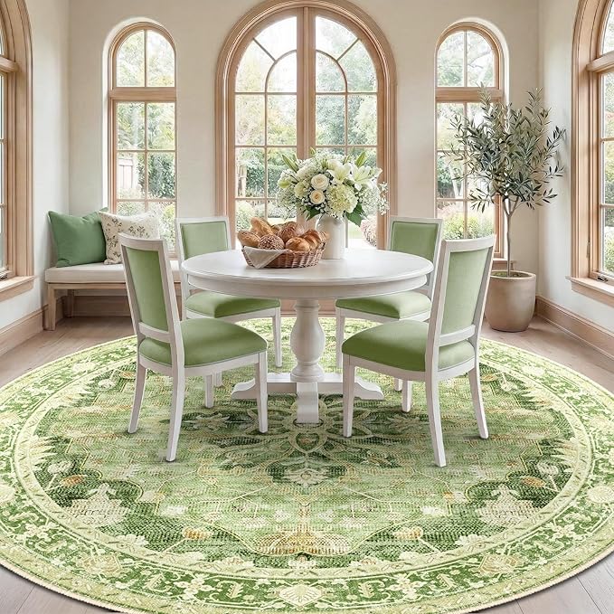 Area Rugs 8ft Washable Non-Slip, Floral Vintage Distress Print Pattern Medallion Carpet for Living Room Bedroom Dining Room, Sage Green Yellow