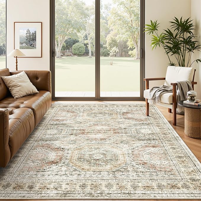 Soalmost 5x7 Area Rugs Brown Pink Low Pile Indoor Washable Trendy Faded Style Rugs for Bedroom Living Room Dining Room Foldable Non-Slip Thin Print Mat