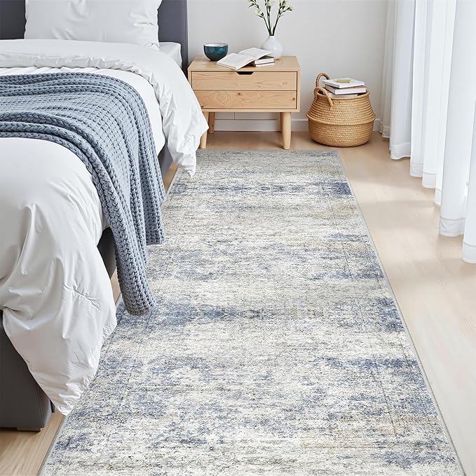 Kitchen Runner Rug Non Slip - 2.5 x 8 Runners for Hallways, Entryway, Bedroom, Washable Runner Rugs for Bathroom, Laundry Room, Low Pile Soft Vintage Area Rug(2.5'x8', Blue/Brown/Ivory)