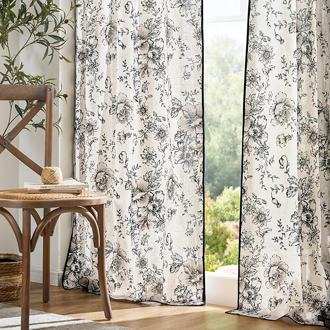 jinchan Linen Blend Floral Curtains French Country Curtain for Living Room 90 Inch Length Black Printed Curtain Rod Pocket Back Tab Farmhouse Peony Flower Patterned Drapes Window Curtains Set 2 Panels