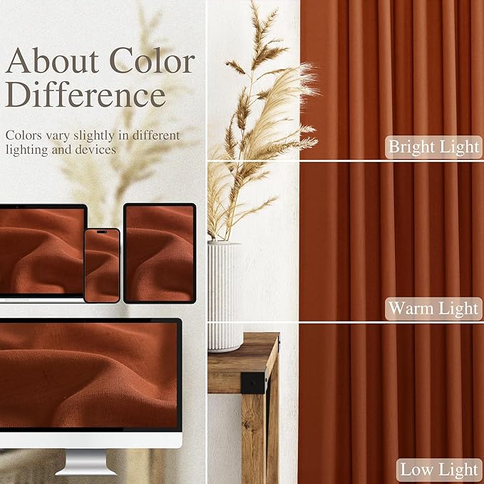 Nanspring Terracotta Linen Blend Semi Sheer Curtains 86 Inches Long 2 Panel Set Pocket Back Tab Brick Burnt Orange Privacy Decorative Decor Curtain Drapes for Bedroom Living Room 52x86