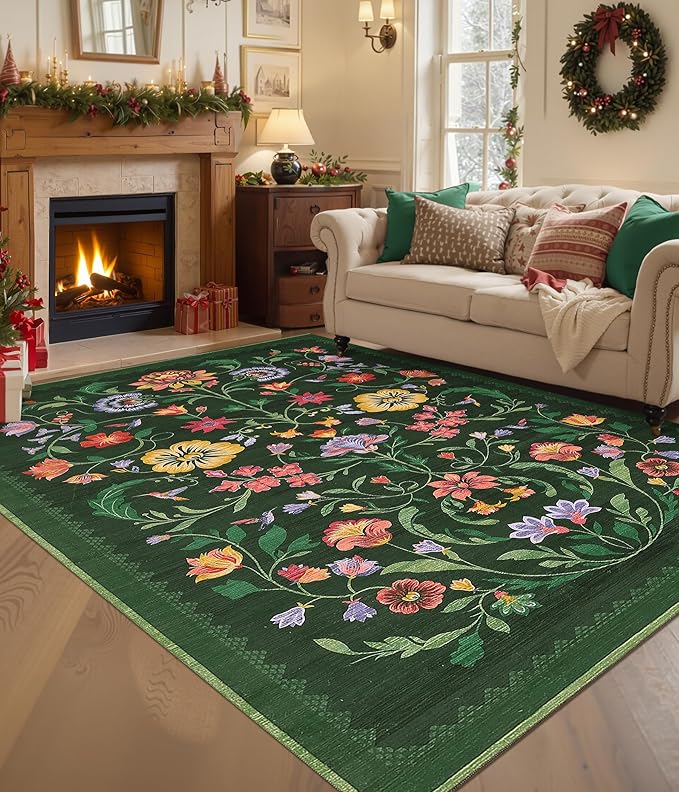Washable Rug 8x10 Area Rugs for Living Room, Protea Floral Rug for Bedroom, Soft Vintage Non Slip Throw Rugs with Rubber Back, Low Pile Stain Resistant Boho Floral Carpet for Dining Room, Forest Green