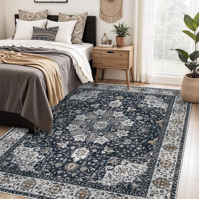 Area Rug 5x7 Washable Rug, Vintage Boho Medallion Rugs Non-Slip Soft Low Pile Large Distressed Rug Indoor Retro Carpet for Living Room Bedroom Dining Room Home Office (Vintage Black, 5'x7')