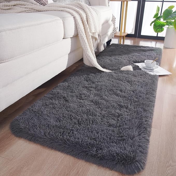 Chicrug Soft Runner Rugs for Bedroom Living Room Plush Fluffy Rug 2x8 Feet, Shag Furry Area Rug Carpet Non Shedding for Nursery Children Kids Girls Room Home Decorative, Coal Grey