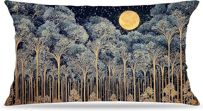 Rustic William Morris Night Forest Moon Decor Pillow Covers 12x20,Vintage Dark Gold Botanical Nature Landscape Decorative Throw Pillow Covers for Home Bedroom Living Room